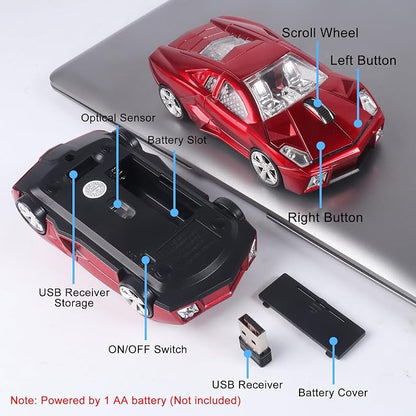 CHUYI Cool Sports Car Shaped Wireless Mouse 1600DPI Cordless Optical Mice with USB Receiver for Office School Home Travel, for PC Laptop Computer Gift (Red-1 Pack)