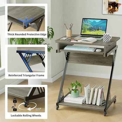 ALISENED 23.6" Z-Shaped Computer Desk for Small Spaces with Keyboard Tray, Wheels and Bottom Shelves, Compact Space-Saving Home Office Workstation, Grey