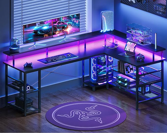 ODK 66" L Shaped Gaming Desk with Power Outlet and LED Lights, PC Gaming Table with Carbon Fiber Texture, Reversible L Shape Desk with Storage Shelves & Monitor Stand, Home Office Desk, Black