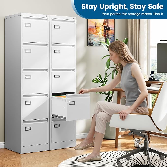 PEUKC 5-Drawer File Cabinet, 16.3" Deep Vertical Metal Filing Cabinet with Lock for Home Office, Anti-Tip 5 Storage Drawers for Letter/Legal/A4/F4 Size (Assemble Required, White)