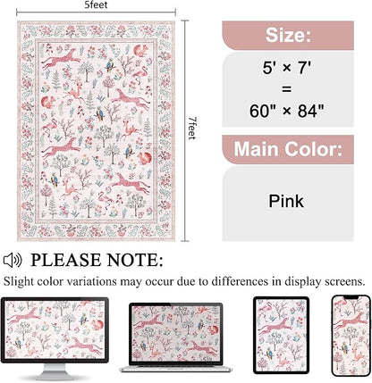DUKINO 5x7 Rug, Washable Animal Living Room Rug with Non Slip Vintage Design, Soft Low Pile Large Carpet for Bedroom, Nursery, Dining Room, Farmhouse, Playroom, Pink