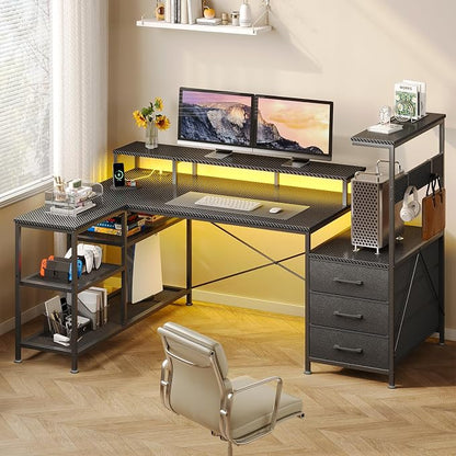 YOMILUVE L Shaped Gaming Desk with Drawers & Storage Shelves, Corner Gaming Desk with Power Outlets & LED Light, Reversible Computer Desk with Monitor Stand & Hooks, Carbon Fiber Black