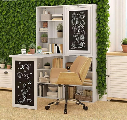Foldable Wall Mounted Desk with Storage Shelves & Blackboard, Fold-Out Convertible Writing Table for Small Spaces | Space-Saving Floating Computer Desk for Home Office (White)