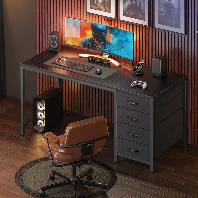 PRAISUN 47.2Inch Computer Office Desk with Power Outelts and USB-C Port, Reversible Gaming Desk with 4 Fabric Drawers, Work Study Desk Work from Home, Black