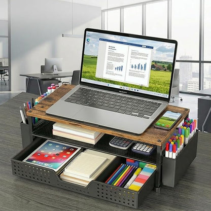 Desk Organizer and Accessories, 2-Tier Computer Monitor Stand Rise with Phone Holder, Drawer & 2 Pen Holders, Laptop & Printer Stand for Desktop, Workspace Organizers for Office Supplies (Brown Wood)