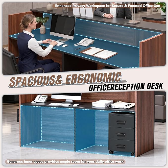 L-Shaped Executive Desk with LED Lights, Modern Reception Desk with AC Power Outlets/USB/Type-C, Executive Workstation with Locked Storage Cabinet, for Office (Black/Brown, 76.7"L/23.6“W/43.4”H)