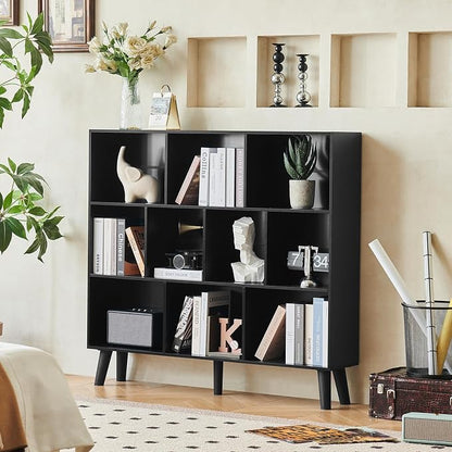 LEYAOYAO 10 Cube Bookshelf,3 Tier Modern Wide Bookcase with Legs,Mid-Century Wood Bookshelves Storage,Black Large Book Case,Freestanding Organizer Display Shelf for Bedroom,Living Room,Office