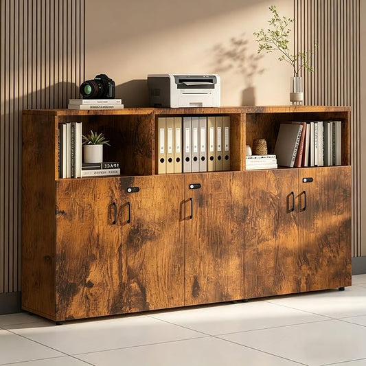 File Cabinet with Password Lock, Wood Lateral Filing Cabinet for Letter/A4 Files, 3 Drawer with Door, Printer Stand with Open Shelves for Home Office