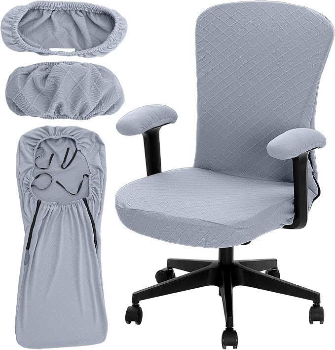 Tatuo 3 Pcs Computer Office Chair Cover Universal Rotating Chair Slipcovers Protector Removable Washable Office Armrest Covers with Zipper for High Back Seat Backrest(M,Argyle,Silver)