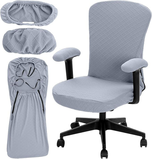 Tatuo 3 Pcs Computer Office Chair Cover Universal Rotating Chair Slipcovers Protector Removable Washable Office Armrest Covers with Zipper for High Back Seat Backrest(M,Argyle,Silver)