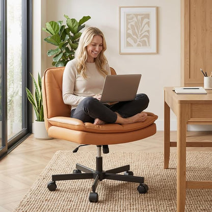 DurayLoly Criss Cross Chair with Wheels, Cross Legged Office Chair with 2 Layer Comfty Leather & Back, Armless Wide Vanity Chair for Home Office, Orange