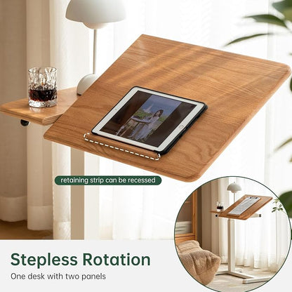 Height Adjustable Bedside Desk, 100% Solid Wood Overbed Table with Wheels, Rolling Laptop Table for Home, Office, Study, Bedroom