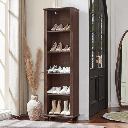 SAVOR LIFE 70" Tall Narrow Book Shelf, Wood Skinny Bookshelf with Adjustable Shelves & Wooden Legs, Farmhouse Bookcase w/5-Tier Storage, Free Standing Bookshlves for Office, Living Room, Walnut, 2PCS