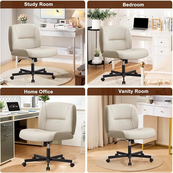 Furniliving Criss Cross Chair with Wheels, Wide Mid-Back Criss Cross Legged Chair Computer Desk Chair Height Adjustable Home Office Desk Chair for Bedroom Living Room, Office, Grey, PU