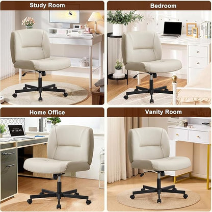 Furniliving Criss Cross Chair with Wheels, Wide Mid-Back Criss Cross Legged Chair Computer Desk Chair Height Adjustable Home Office Desk Chair for Bedroom Living Room, Office, Grey, PU
