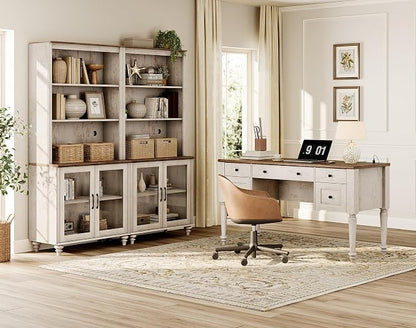 WAMPAT Home Office Furniture Set, 56" Executive Desk with Charging Station, 72" Tall Bookcase with 4 Wooden Doors, Wood Computer Desk with File Cabinet Storage, Open Shelf, Rustic White