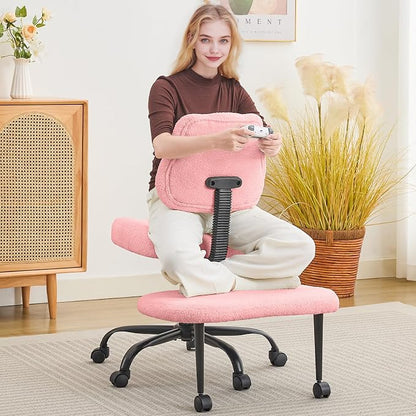 Criss Cross Legged Meditaion Chair,Exquisite Home Office Furniture,Ergonomic Kneeling with Lumbar Support and Adjustable Height Stool,for ADHD Adults,Teddy Fabric (Pink, Teddy Fabric)