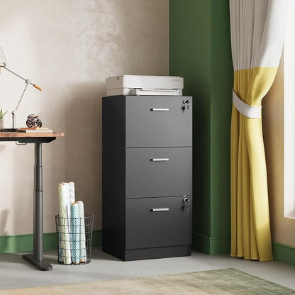 DEVAISE 3 Drawer File Cabinet with Lock, Vertical Wood Filing Cabinet for Office Storage, Printer Stand for Filing Cabinets for Home Office, Black