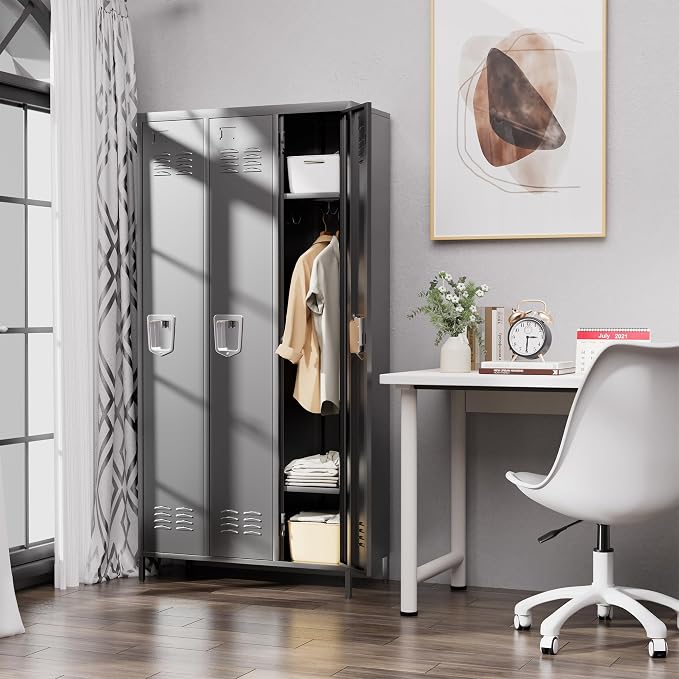 3 Door Metal Lockers for Employees,Heavy-Duty Hooks,72" Secure Storage for Home,Offices,Schools & Gyms | Black