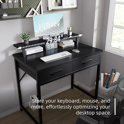 Pamray 32 Inch Small Computer Desk with Monitor Stand Home Office Desks with 2 Drawers for Bedroom Study Writing and Work Table for Small Spaces White