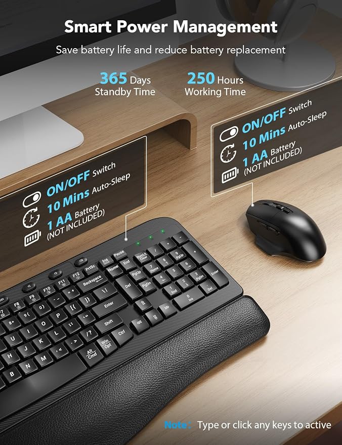 SABLUTE Wireless Keyboard and Mouse Combo – Ergonomic Wave Key, Built-in Leather Soft Palm Rest, 2.4G Full Size, 6-Button Mouse with 4-Level DPI, Dual USB-A/USB-C, MA12 for Windows & macOS Compatible