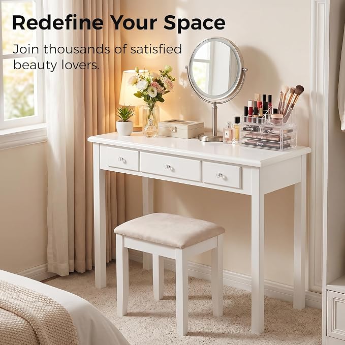 STHOUYN Small White Writing Desk with Drawers, Vanity Table for Bedroom | Small Farmhouse Makeup Vanity Desk No Mirror, Adult/Student Writing Desk with Drawers for Small Spaces, Home Office, Study