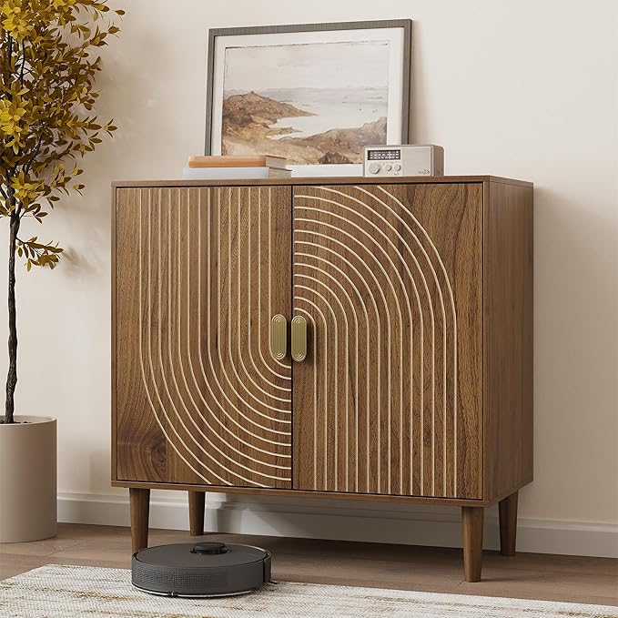 Smuxee Walnut Sideboard Cabinet, Freestanding Buffet Cabinet with Line Groove Design, Wood Storage Cabinet with Adjustable Shelf for Living Room, Entryway, Hallway