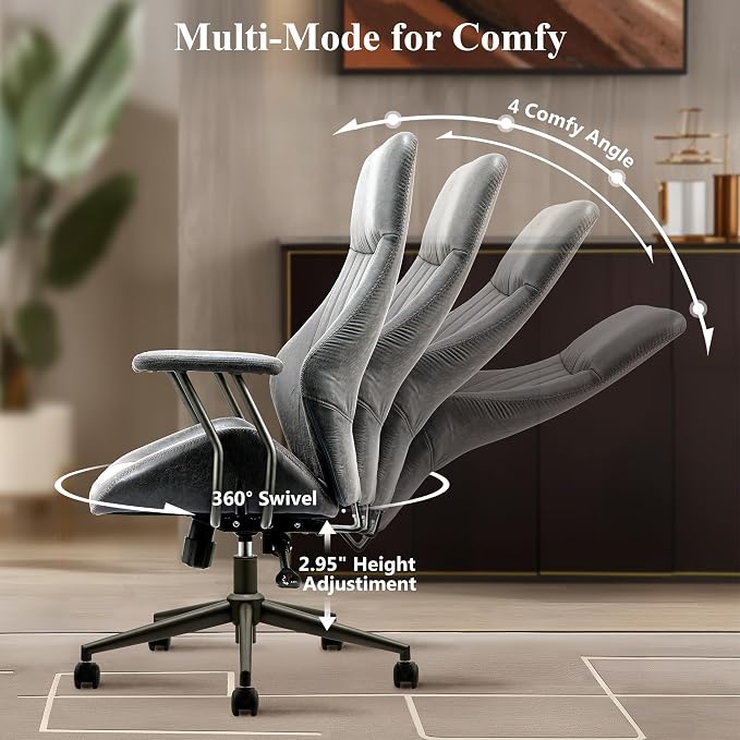 Mid Century Modren Office Chair,High Back Ergonomic Executive Chair with Lumbar Support, Computer Desk Swivel Task Chair with Wheels, Faux Lether Suede Fabric Home Chair (High Back, Grey)