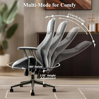 Mid Century Modren Office Chair,High Back Ergonomic Executive Chair with Lumbar Support, Computer Desk Swivel Task Chair with Wheels, Faux Lether Suede Fabric Home Chair (High Back, Grey)