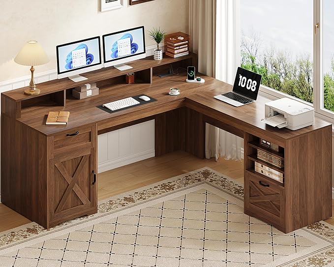 YOMILUVE 63" L Shaped Desk with Drawers, Farmhouse Corner Computer Desk with Power Outlets, Storage Cabinet, Home Office Executive Desk with Long Monitor Stand, Brown