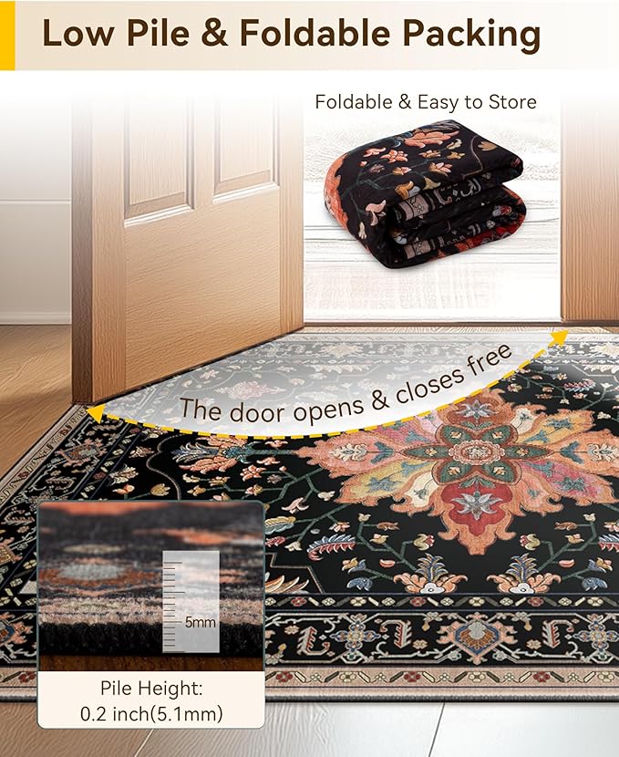 RELEANY Area Rugs 4'x6' Washable Non-Slip, Floral Vintage Distress Medallion Carpet for Living Room Bedroom Dining Room, Black Colorful Floral Dark Tan