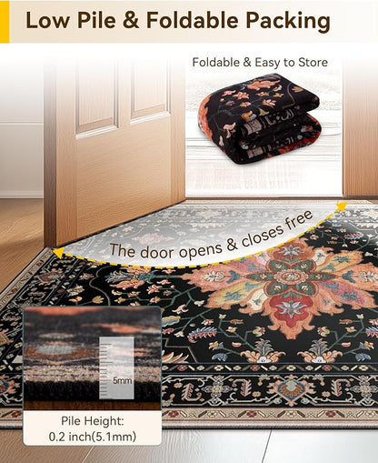 RELEANY Area Rugs 7'x10' Washable Non-Slip, Floral Vintage Distress Medallion Carpet for Living Room Bedroom Dining Room, Black Colorful Floral Dark Tan