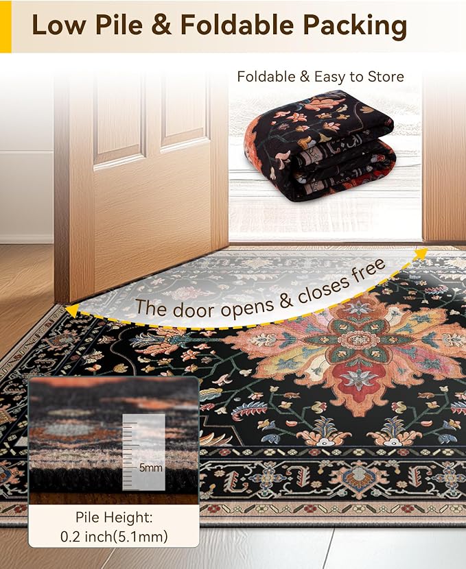 RELEANY Area Rugs 7'x9' Washable Non-Slip, Floral Vintage Distress Medallion Carpet for Living Room Bedroom Dining Room, Black Colorful Floral Dark Tan