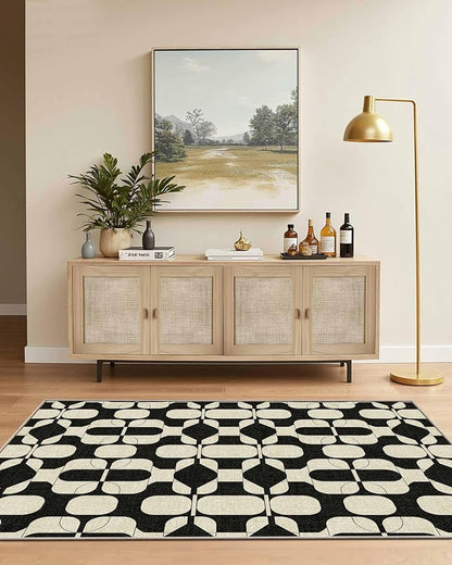 Latte&Fog 3x5 Entryway Rug, Vintage Washable Area Rug, Boho Non Slip Low Pile Throw Carpet for Indoor Bedroom Bedside, Kitchen, Entry and Living Room - Black Beige