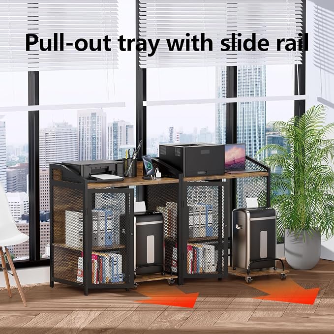 Printer Stand with Charging Station, Mobile Shredder Stand – 3 Tier Lateral Printer Table with Open Storage Shelves- Printer Cabinet for Office Home Use with Adjustable Shelves and Mesh Door