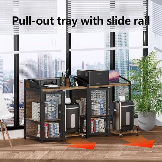 Printer Stand with Charging Station, Mobile Shredder Stand – 3 Tier Lateral Printer Table with Open Storage Shelves- Printer Cabinet for Office Home Use with Adjustable Shelves and Mesh Door
