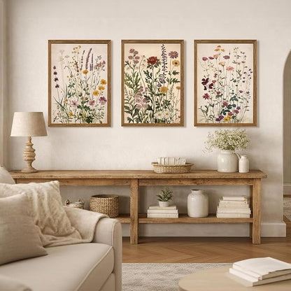WRFON Botanical and Flower Canvas Wall Art, Framed Wildflower Wall Art Set of 3, Vintage Meadow Flower Canvas Prints, Cottagecore Floral Decor for Living Room Bedroom Bathroom Farmhouse Home, 20x30