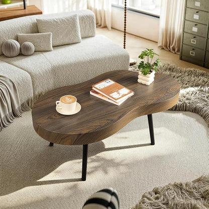 Small Irregular Coffee Table Thick Top Cloud Table for Living Room Modern Industrial Coffee Table Wooden Funky Coffee Tables for Small Space Home Office Easy Assembly Rustic Brown