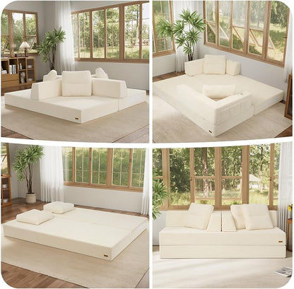 COMAX Futon Sofa Bed Queen, 79" Convertible Sofa Bed Couches for Living Room, 4 in 1 Folding Boneless Sleeper Corduroy Couch Loveseat Foam In a Box, Comfy Foldable Lounge Fold Out Floor Mattress Beige