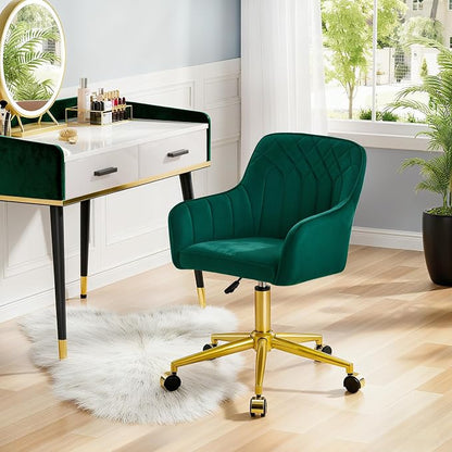 VECELO Modern Velvet Swivel Home Office Desk Chair with Back & Rolling Wheels, Adjustable Seat Height for Girls Women Bed Room Vanity Makeup/Task/Computer Work, Green