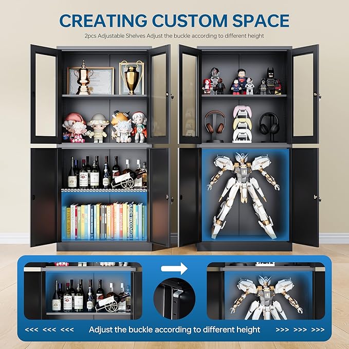 PEUKC Display Storage Cabinet with Glass Door, 71 Inches Metal Curio Cabinet with 2 Adjustable Shelves, Locking Glass Display Case for Home, Office, Clinic, Pantry, Assemble Required (Black)