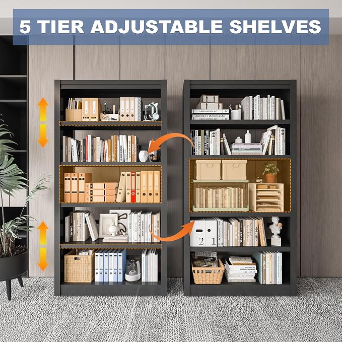 VASAAOSD Metal Bookshelf - Adjustable Black Bookcase, 5 Tier Book Shelf, Heavy Duty Sturdy Book Case, Modern Bookshelves and Bookcases for Home Office, Living Room, Bedroom, Library(69" H)