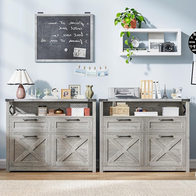 Vabches Farmhouse 4 Drawer File Cabinet with Open Storage Shelf, Lateral Filing Cabinet Fits Letter/A4/ Size, Home Office Filing Organizer, Document Storage Printer Stand for Office and Home. Grey