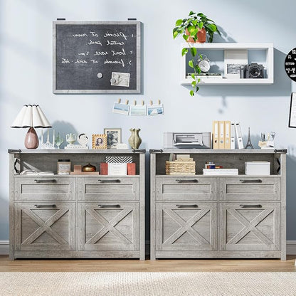 Halitaa Farmhouse 4 Drawer File Cabinet with Open Storage Shelf, Lateral Filing Cabinet Fits Letter/A4/ Size, Home Office Filing Organizer, Document Storage Printer Stand for Home and Office,Grey