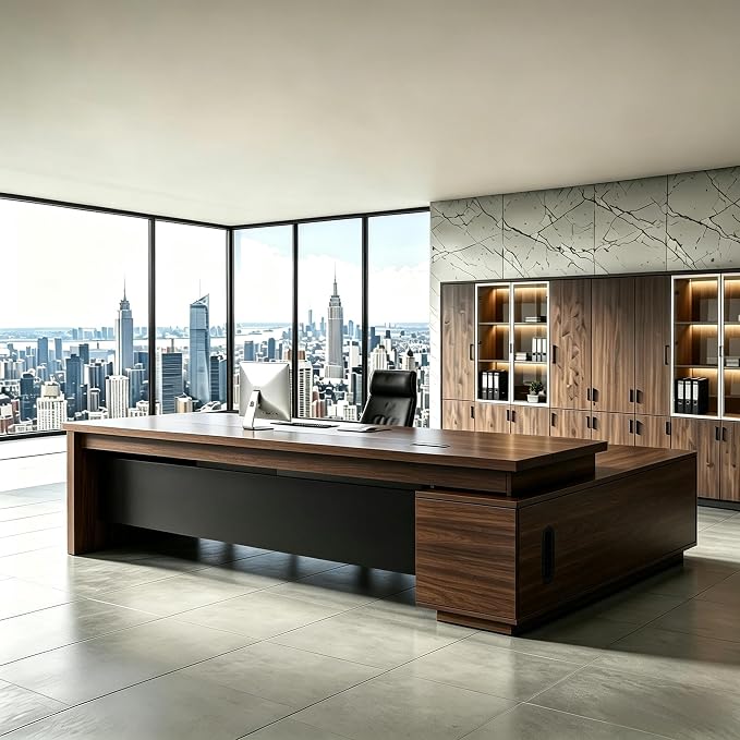 L Shaped Executive Desk with Drawers, Modern Large Wood Home Office Desk, Computer Desk with Storage for Boss Office Workstation
