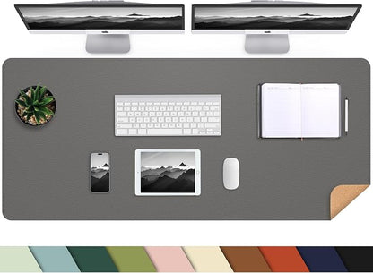 AFIING Leather Desk Pad Protector, 47" x 17" Large Desk Mat with Natural Cork & PU Leather, Mouse Pad, Non-Slip, Waterproof Desk Writing Pad for Office and Home (Dark Grey)
