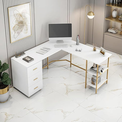 Techni Mobili L Shaped Desk - Two-Toned Computer Desk with Drawers & Storage Shelves - Simple Modern Furniture & Home Office Space Corner Table for Work & Writing