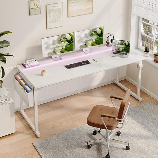 DurayLoly 63" Office Desk with LED Lights,Computer White Desk with Storage Bag&Headphone Hook,Spacious Under-Desktop for Study Writing Work Gaming Desk,Sturdy Metal Frame,Bedroom,Rustic Brown