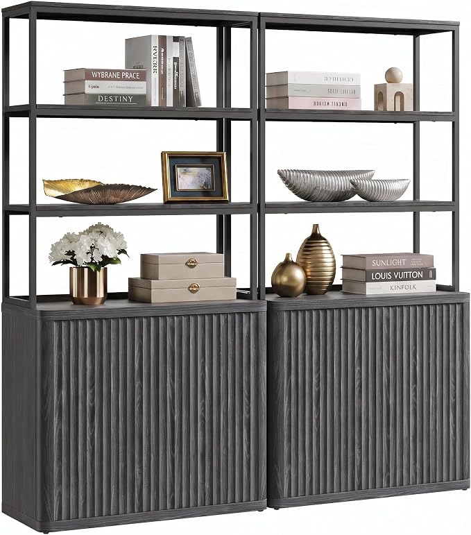 SICOTAS Book Shelf Fluted Bookshelf 71" Tall Bookcase with Doors Storage 5 Tier Mid Century Modern Bookshelves Large Shelves Metal Book Cases for Living Room Office Kitchen Library