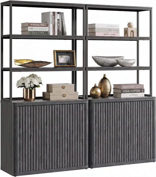 SICOTAS Book Shelf Fluted Bookshelf 71" Tall Bookcase with Doors Storage 5 Tier Mid Century Modern Bookshelves Large Shelves Metal Book Cases for Living Room Office Kitchen Library